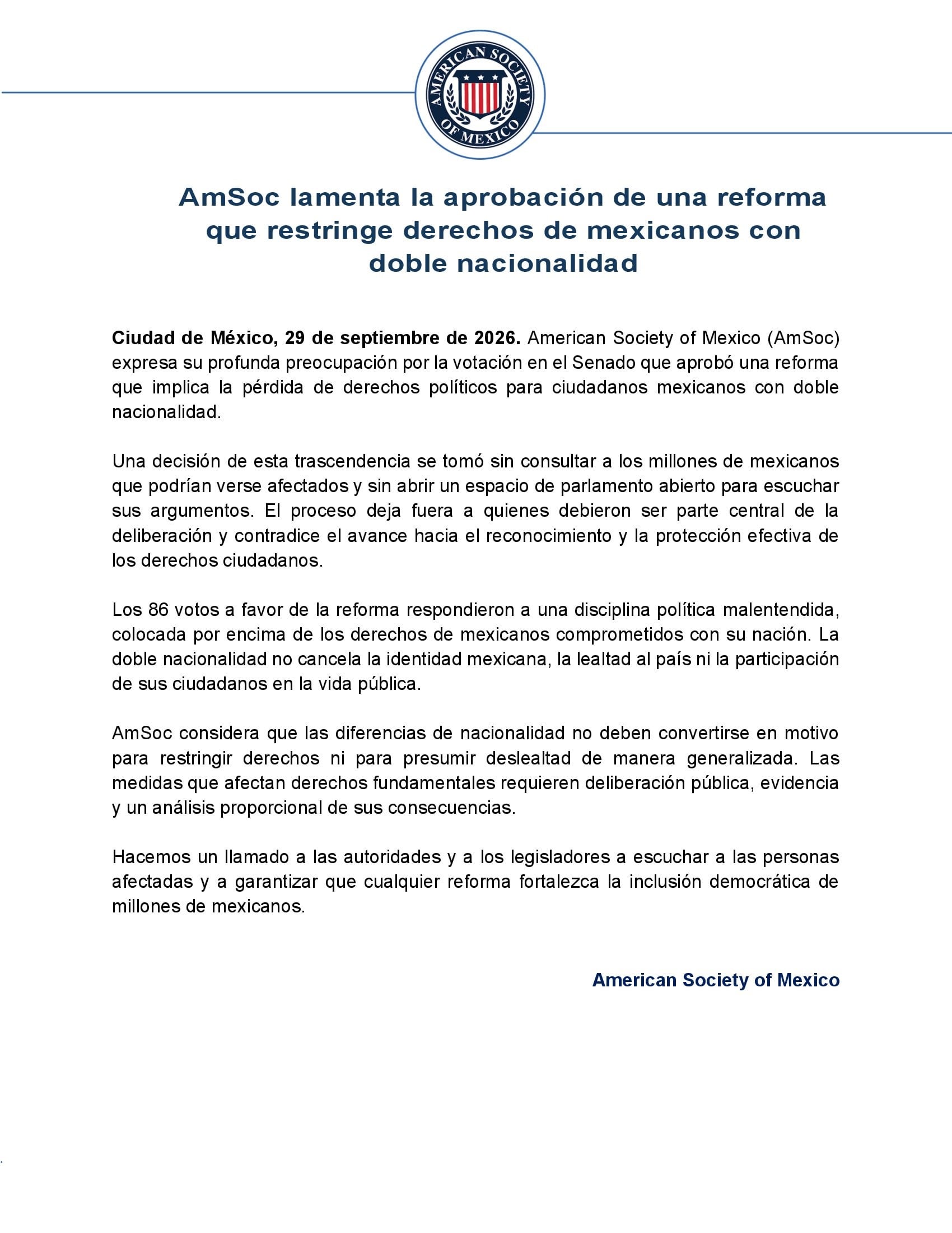 AmSoc lamenta aprobación de reforma sobre doble nacionalidad