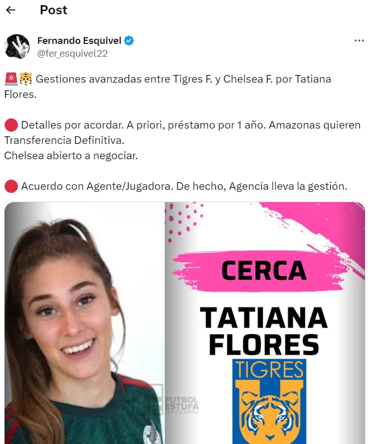 Tatiana Flores cerca de llegar a Club Tigres