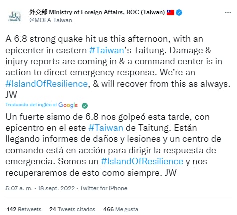 Terremoto de 6.9 en Taiwán