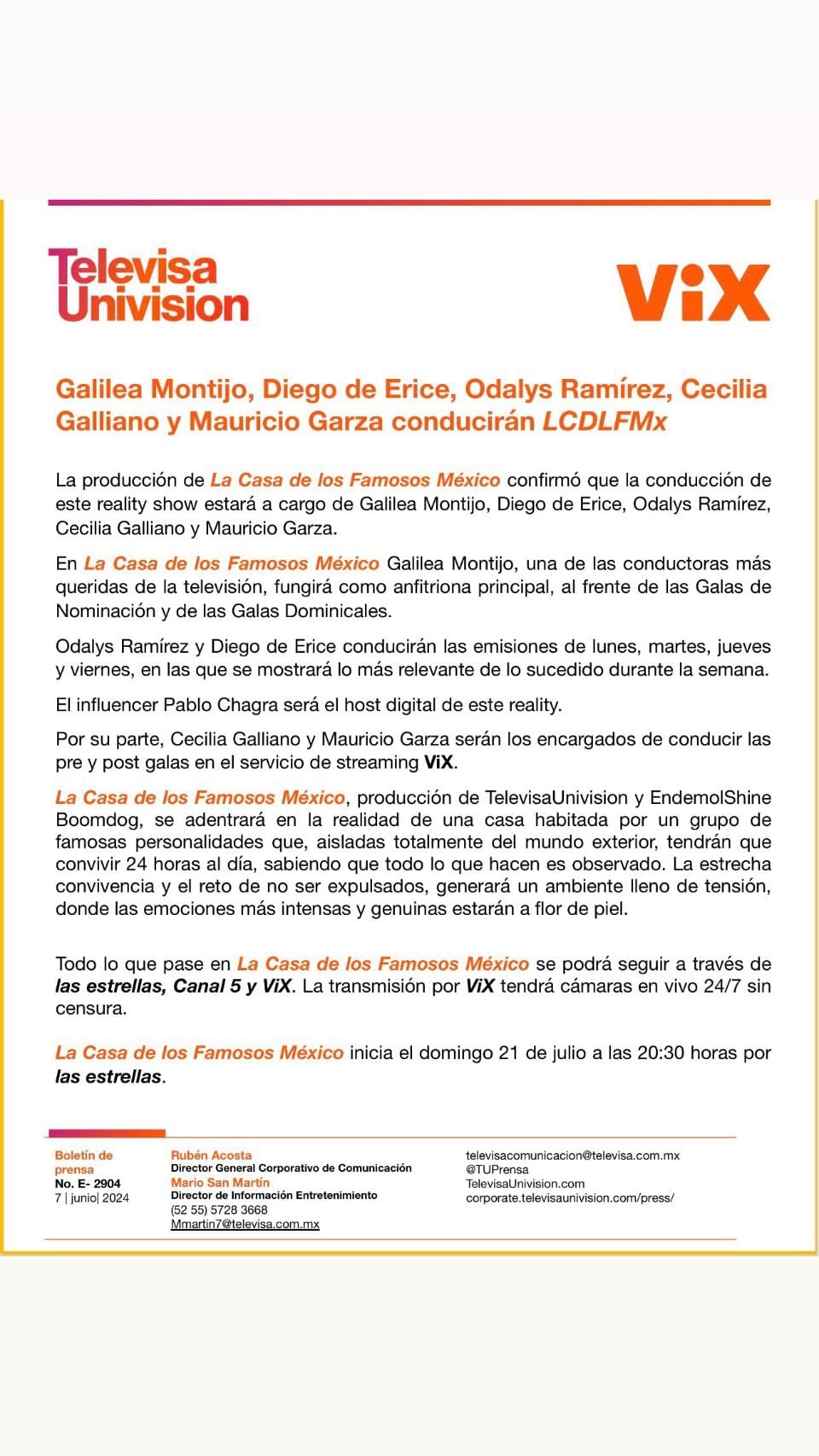 Comunicado La Casa de los Famosos México 2024