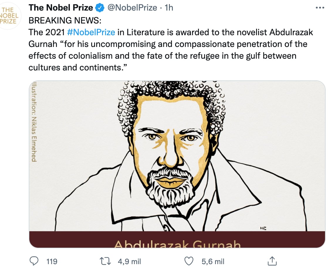 Abdulrazak Gurnah, ganador del Premio Nobel de Literatura 2021