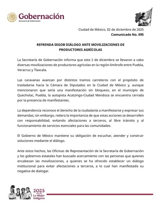 Segob confirma caravana de agricultores y cierres en carreteras.