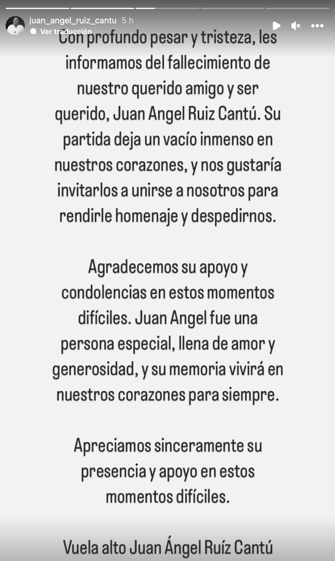 Comunicado sobre la muerte de Juan Ángel Ruiz Cantú
