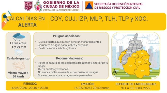 Se actualiza alerta amarilla en la CDMX por lluvias durante la noche del 16 de mayo