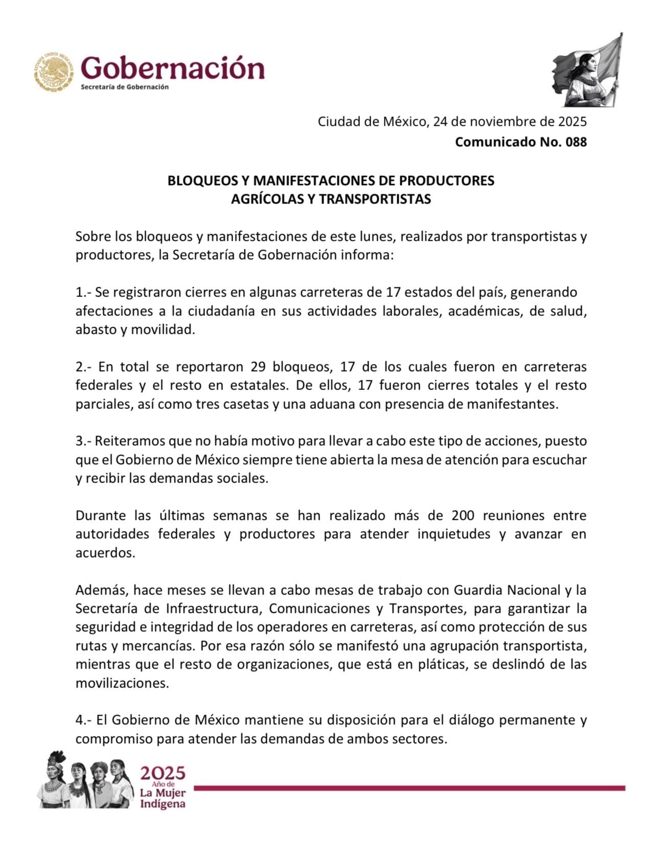 La Segob informa sobre los bloqueos del 24 de noviembre de transportistas y agricultores.
