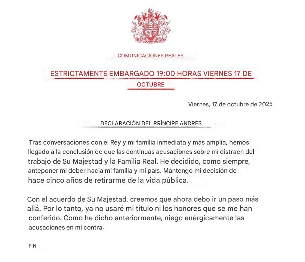 Comunicado con el que el príncipe Andrés renuncia a su cargo en el Reino Unido.