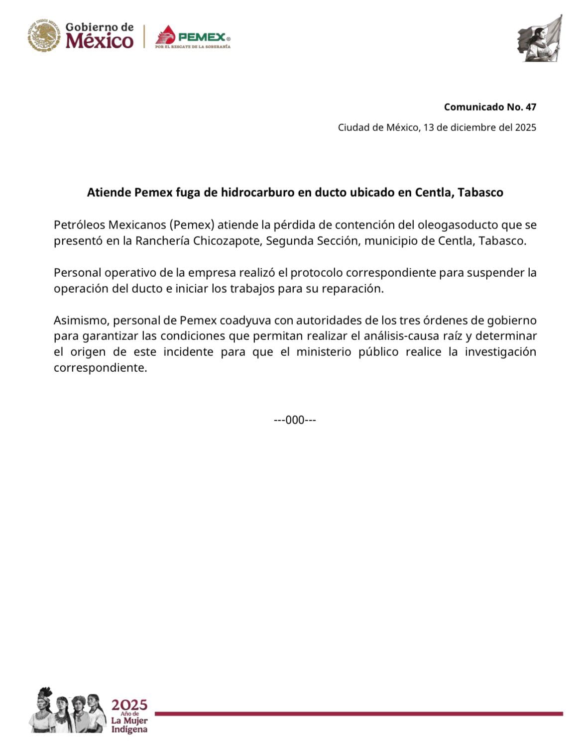 Comunicado de Pemex sobre la fuga en Tabasco