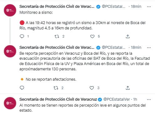 Secretaría de Protección Civil informa puntos en los que percibido temblor de hoy en Veracruz