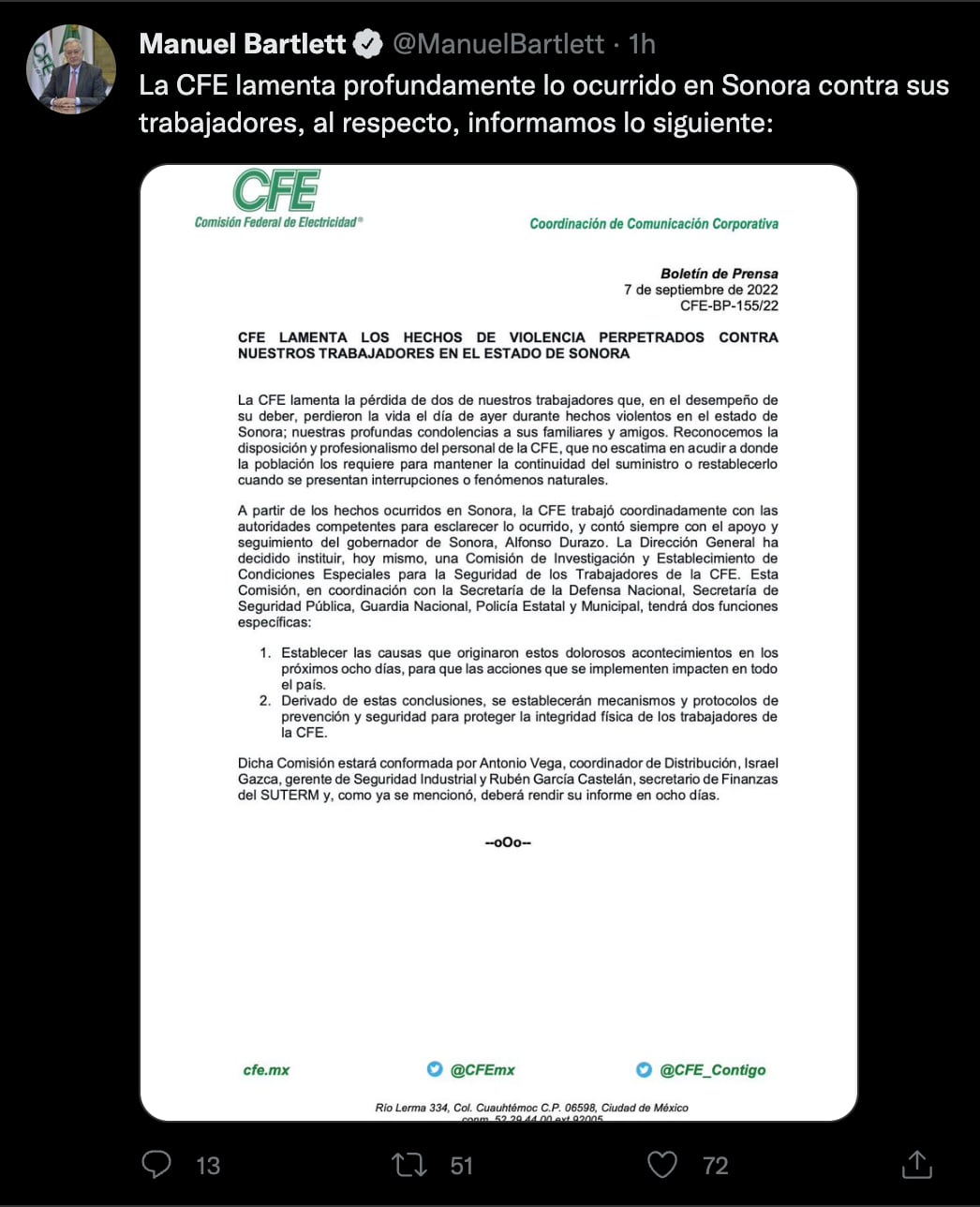 CFE creará comisión para investigar asesinato de trabajadores en Sonora y tomará medidas para proteger a empleados