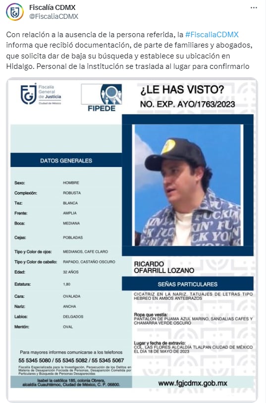 Fiscalía aclara que Ricardo O'Farrill no está desaparecido.