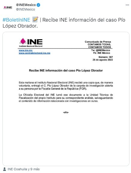 INE reporta que Pío López Obrador entregó información de su caso