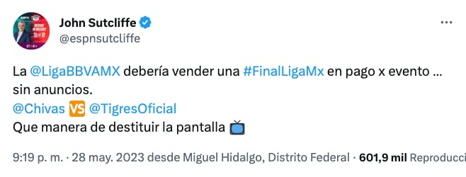 John Sutcliffe se queja por la cantidad de comerciales que hubo en la transmisión de televisión