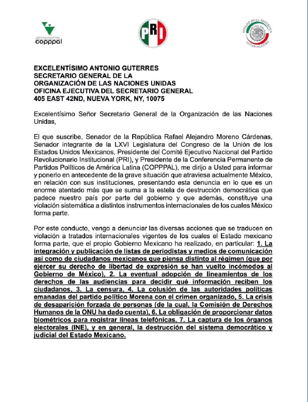 Alejandro Moreno denuncia ante la ONU al gobierno de Claudia Sheinbaum