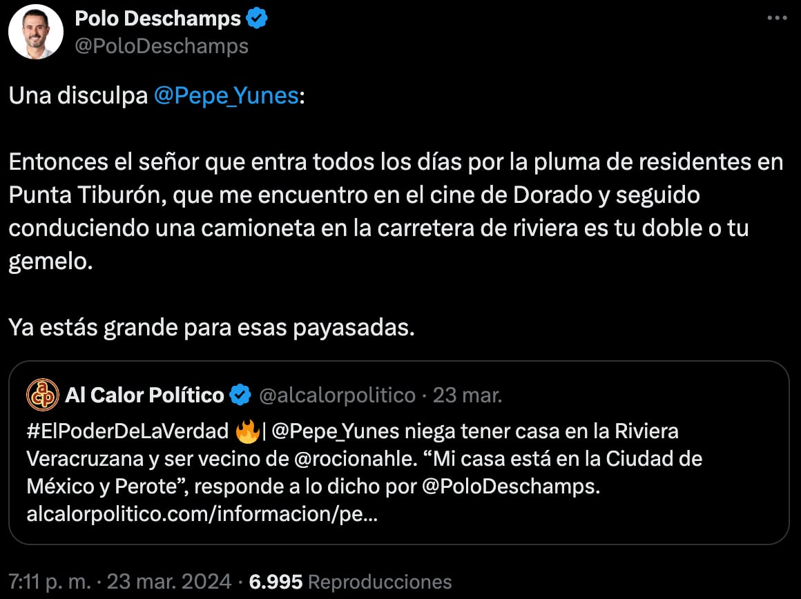 Polo Deschamps acusa a Pepe Yunes de tener una residencia en Punta Tiburón