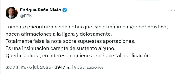 Enrique Peña Nieto rechaza acusaciones sobre supuestos sobornos de Pegasus