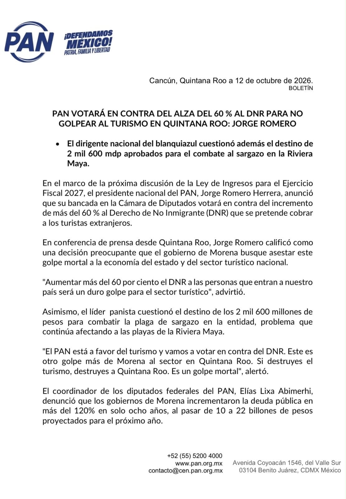 PAN votará contra el alza de 60% al DNR en 2027 por su impacto en el turismo