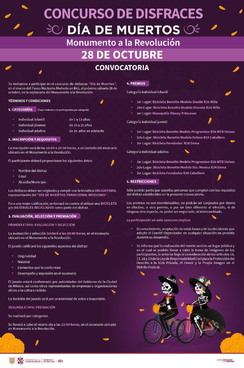 Concurso de disfraces en el paseo ciclista por Día de MUertos, que se realizará este 28 de octubre en el Monumento a la Revolución.