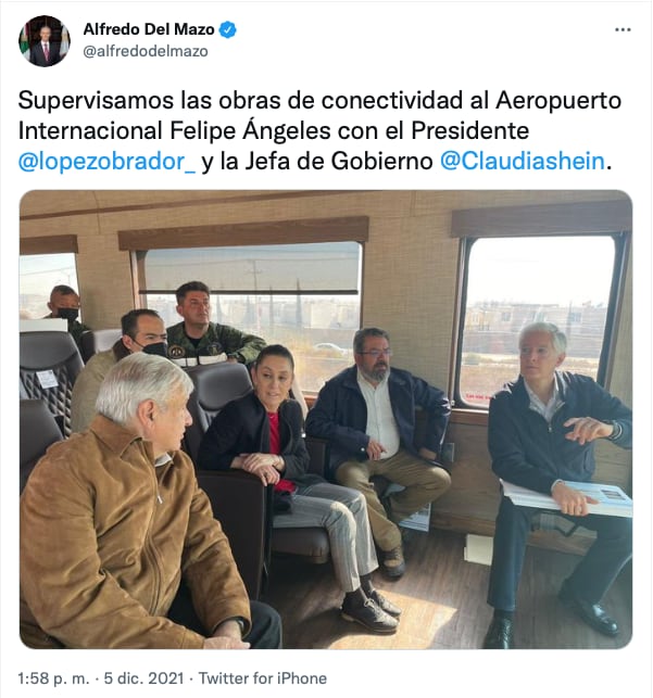 Tuit de Alfredo del Mazo en compañía de AMLO y Claudia Sheinbaum para supervisar obras del AIFA/@alfredodelmazo