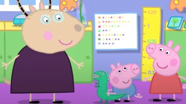 Dibujos de Peppa Pig y Señora Gacela en la escuela para colorear por el Día del Maestro