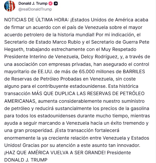 Trump anuncia acuerdo petrolero con Venezuela por 65 mil millones de barriles