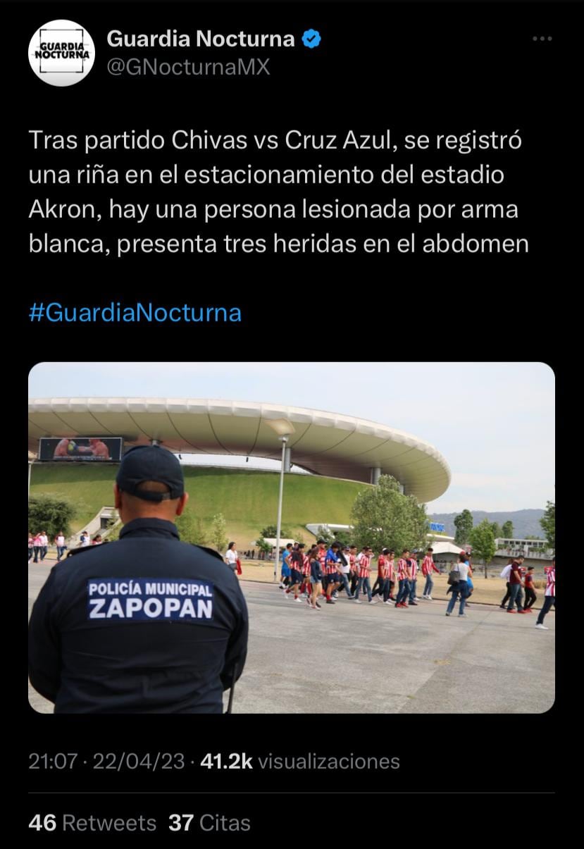 Aficionado fue apuñalado en el juego entre el Club Chivas y Cruz Azul.