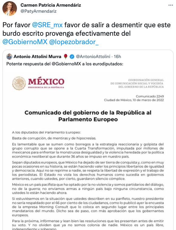 Patricia Armendáriz llama "burdo" el escrito de AMLO