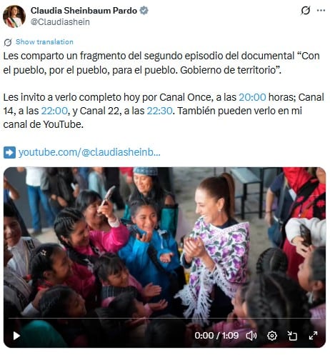 Sheinbaum confirma estreno hoy del episodio 2 de su documental “Con el pueblo, por el pueblo, para el pueblo”