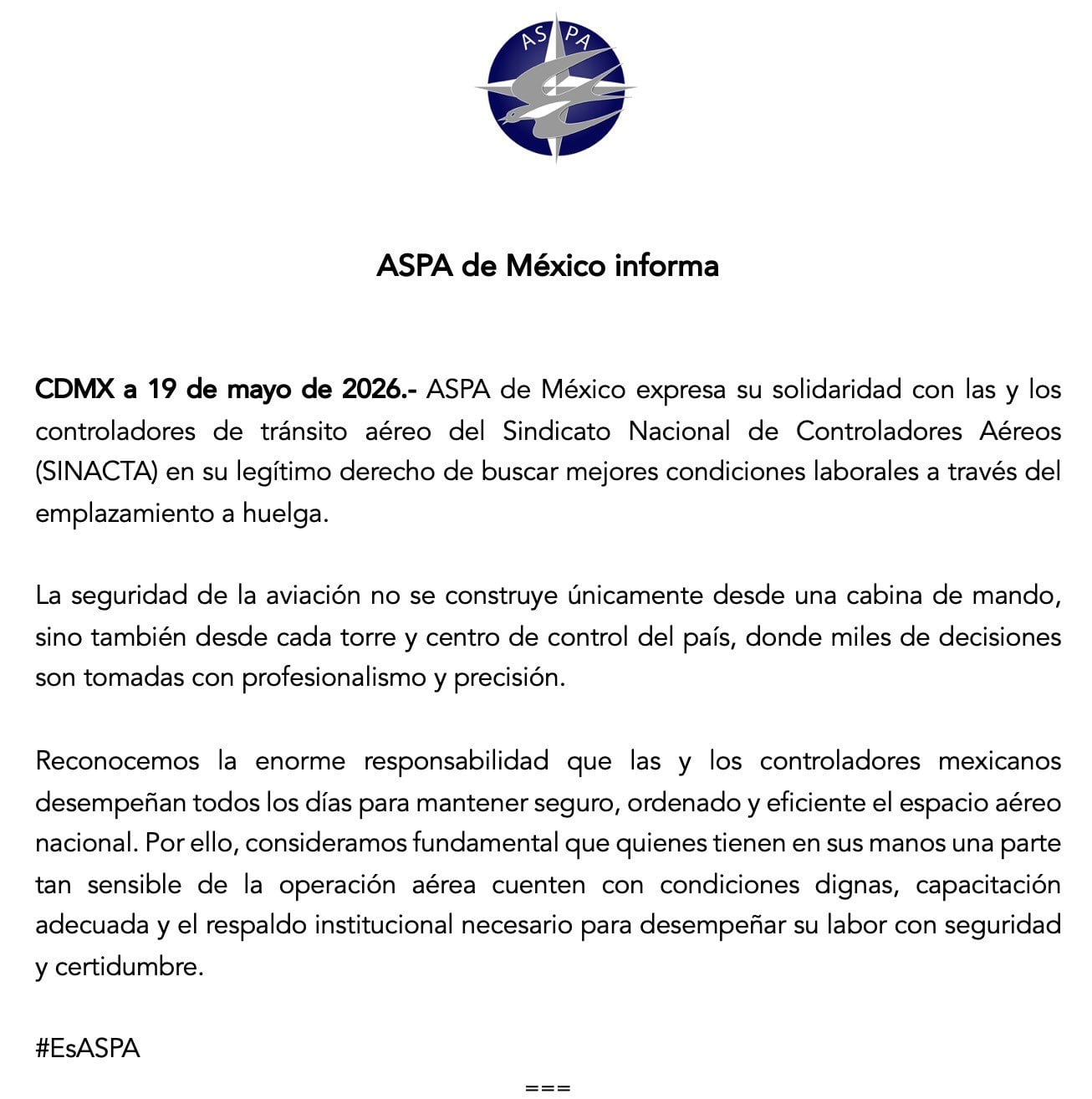 ASPA respalda protesta de controladores aéreos afiliados a SINACTA