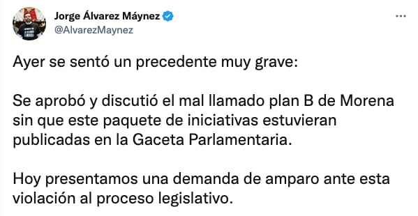Jorge Álvarez Maynez presenta amparo contra Plan B de reforma electoral de AMLO