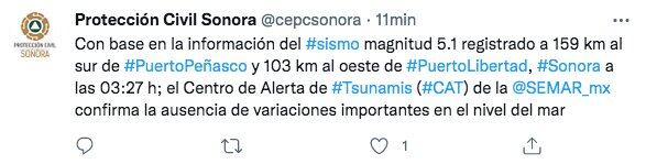 Tuit sobre sismo en Puerto Peñasco, Sonora