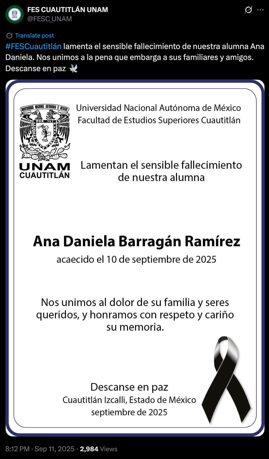 UNAM confirma muerte de Ana Daniela Barragán