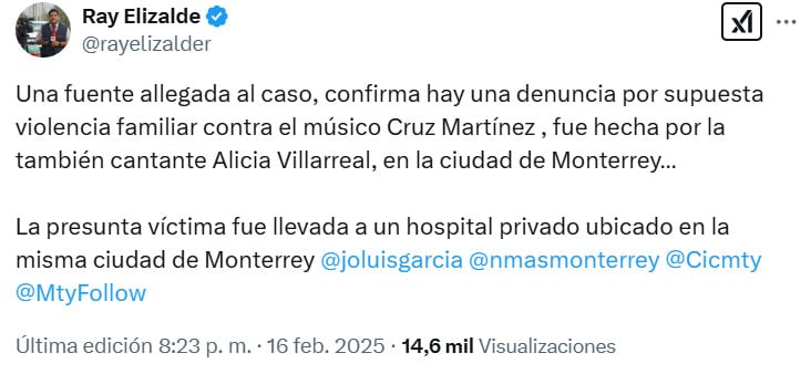 Alicia Villarreal denunció a Cruz Martínez por violencia intrafamiliar