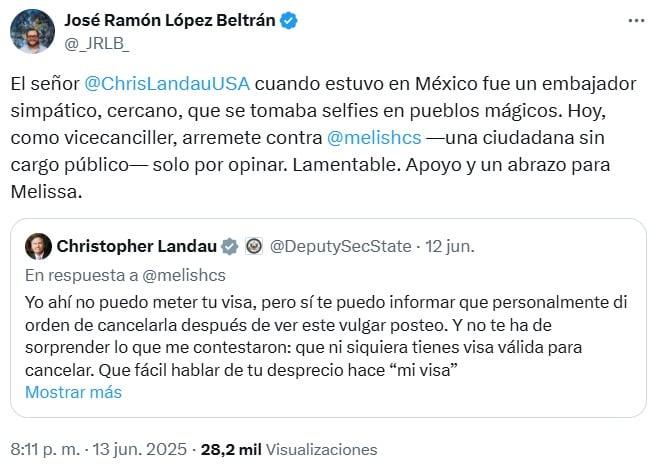 José Ramón López Beltrán criticó a Christopher Landau tras su polémica por la visa de Estados Unidos de Melissa Cornejo