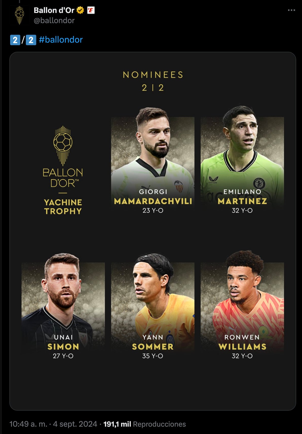 Dibu Martínez nominado a Mejor Portero del año.