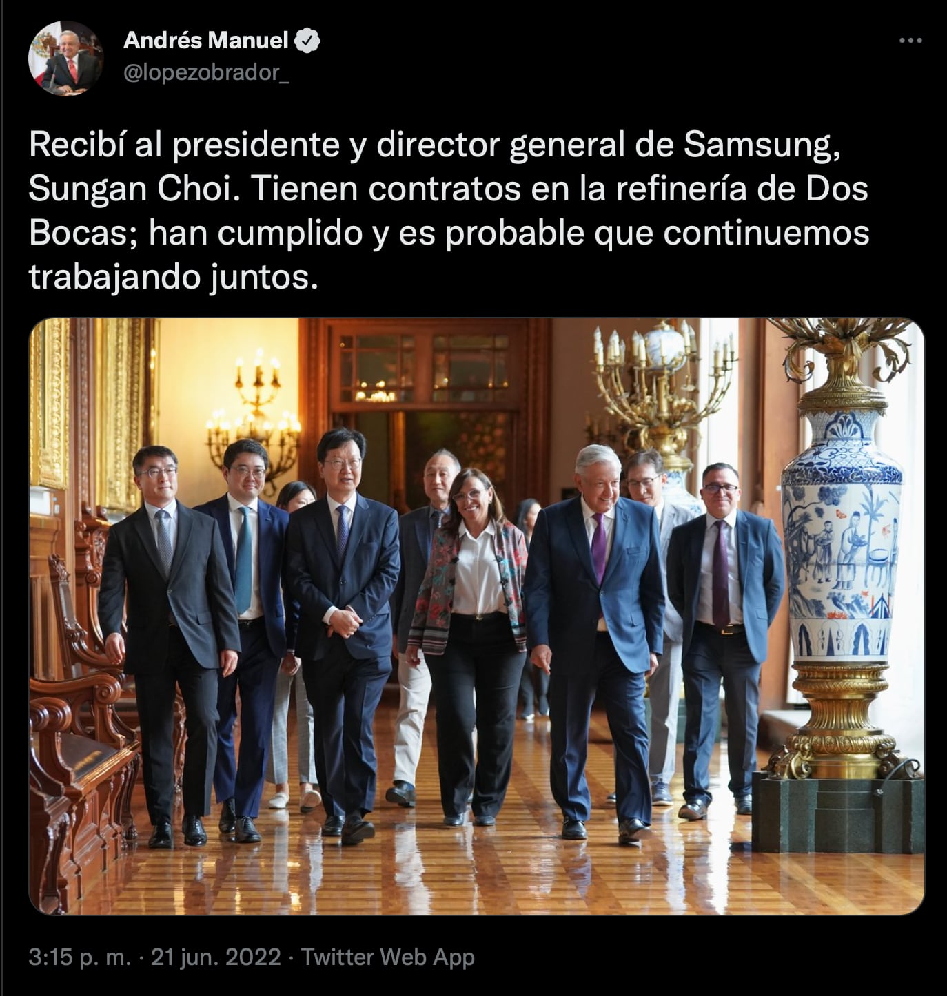 AMLO recibe en Palacio Nacional al presidente de Samsung, Sungan Choi: “Es probable que continuemos trabajando juntos”