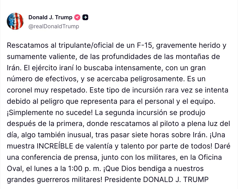 Trump revela rescate del segundo piloto derribado en Irán