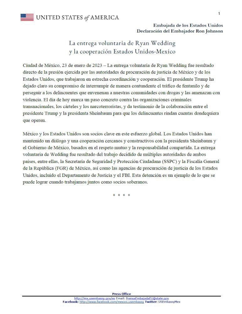 Comunicado del embajador de Estados Unidos sobre detención de Ryan Wedding.