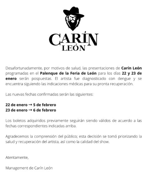 Carín León cancela conciertos en el Palenque de la Feria de León