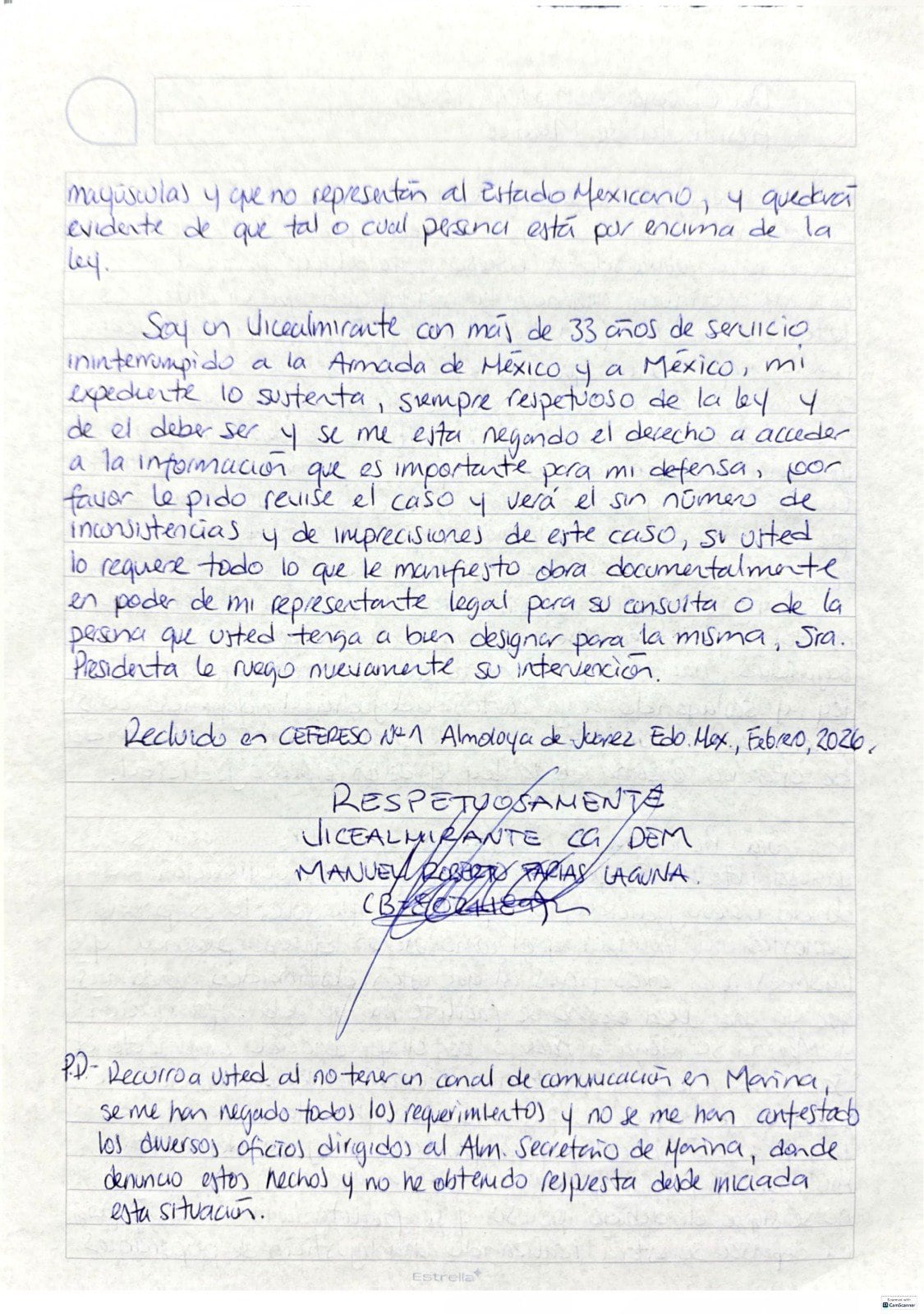 Carta de Farías Laguna a Sheinbaum