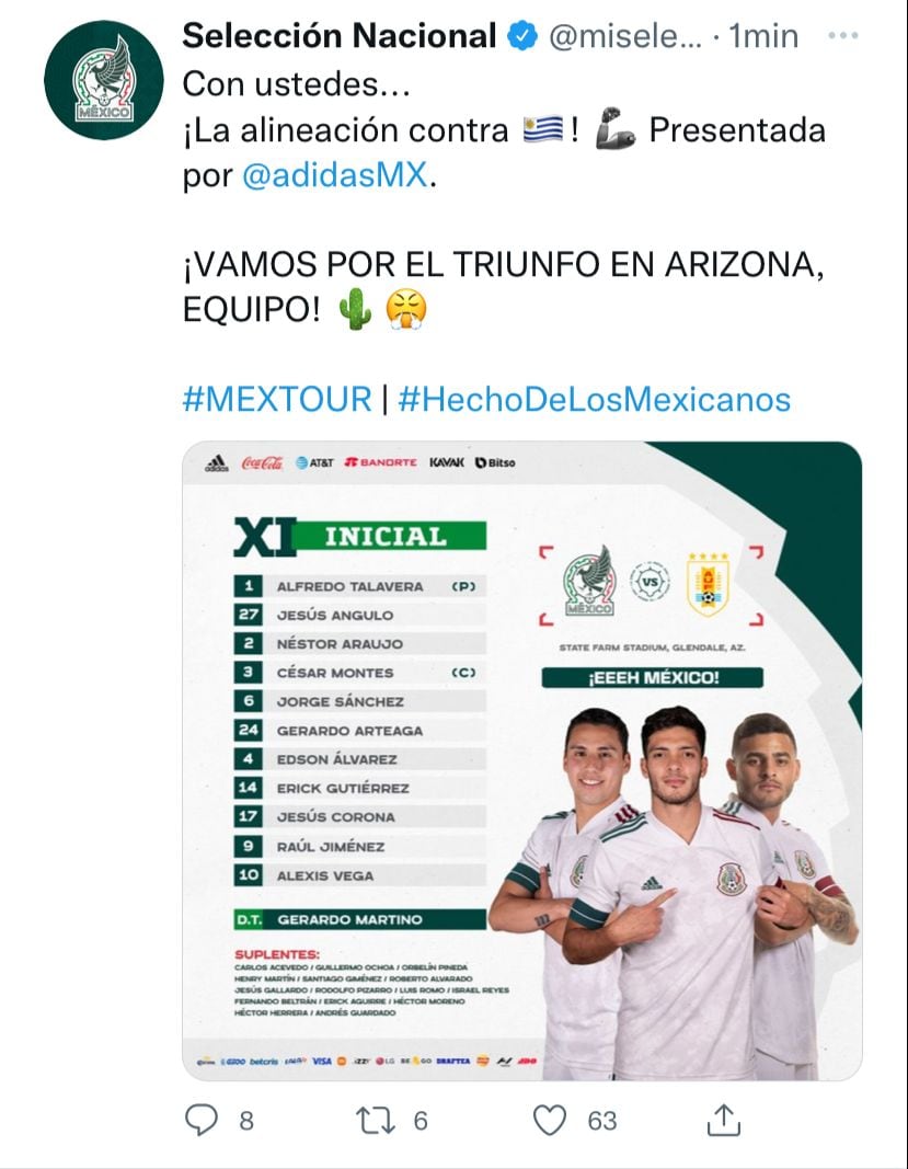 Esta es la alineación de la Selección Mexicana para enfrentar a Uruguay.