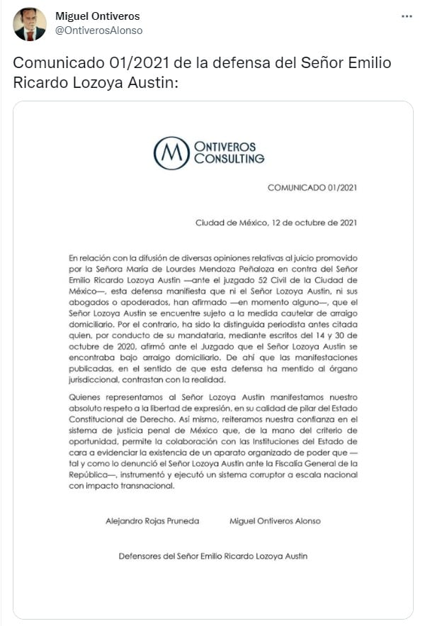 Comunicado de los abogados de Emilio Lozoya