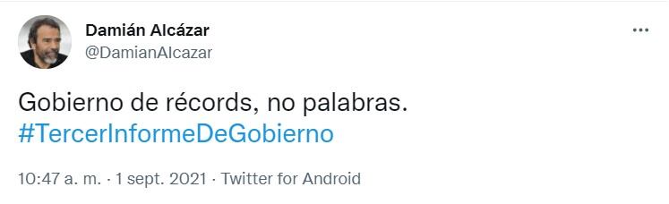 Publicación de Damián Alcázar en Twitter