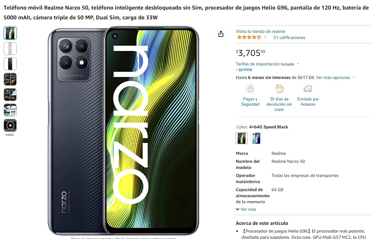 Realme Narzo 50, smartphone que se puede comprar en Amazon