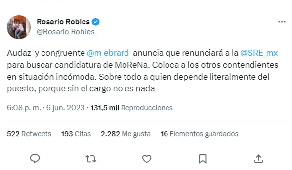 ROSARIO ROBLES CELEBRA RENUNCIA DE MARCELO EBRARD DE SRE