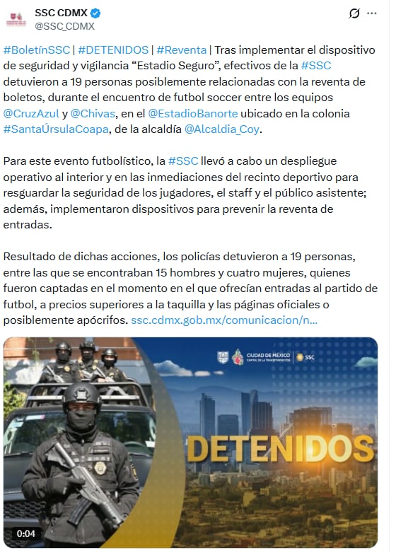 Operativo en el Cruz Azul vs Chivas deja 19 detenidos por reventa.