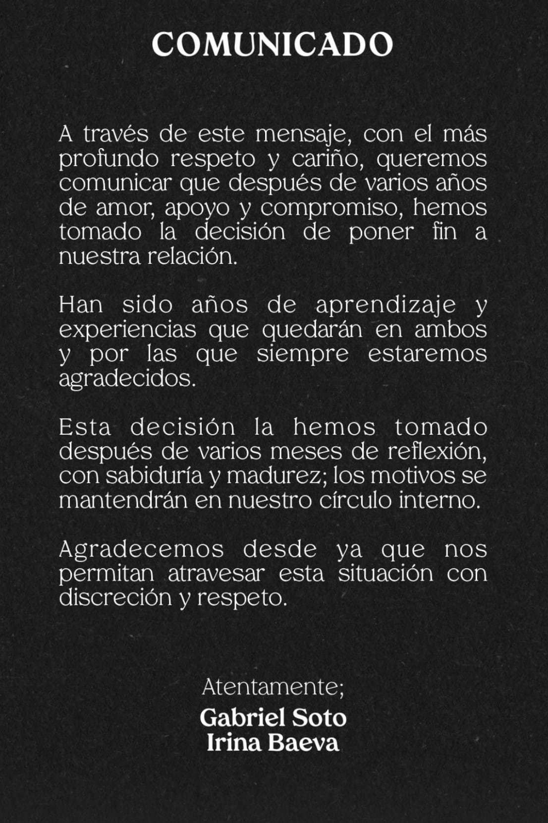 Irina Baeva y Gabriel Soto anunciaron el fin de su relación