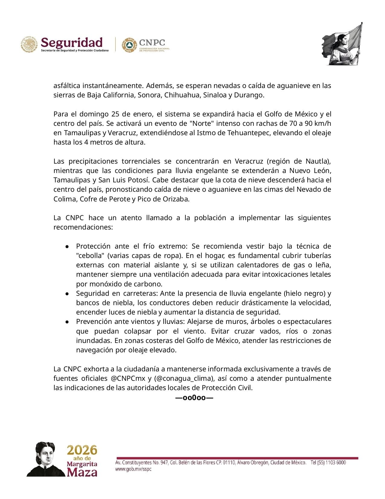 La Coordinación Nacional de Protección Civil emite comunicado ante la tormenta invernal 2026