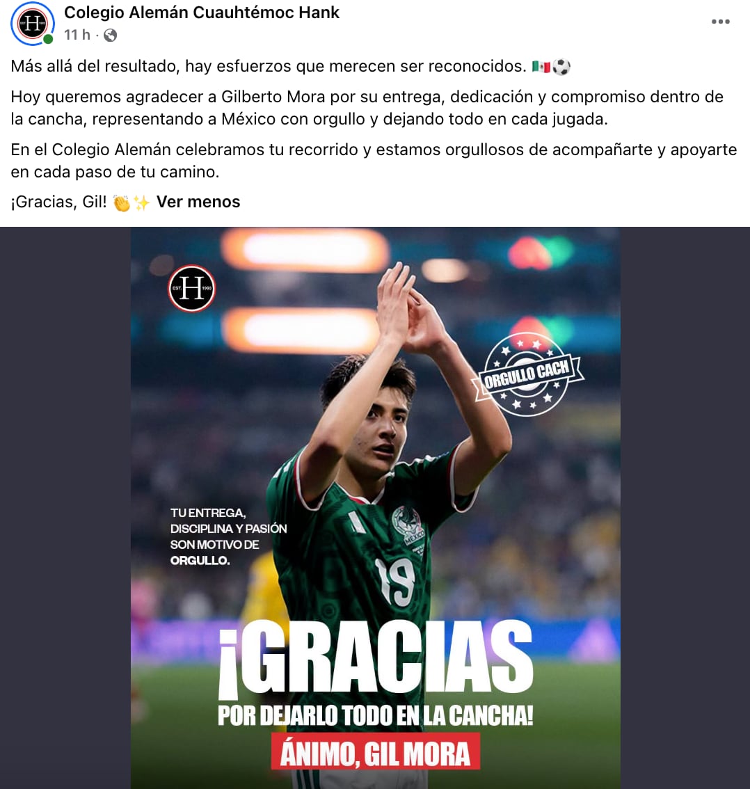 El Colegio de Gilberto Mora, lo felicita por participar en el Mundial 2026 y por el partido de México vs Inglaterra
