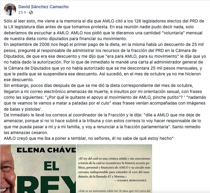 legislador acusa a AMLO de quitar 25 mil pesos a diputados del PRD y de amenazas