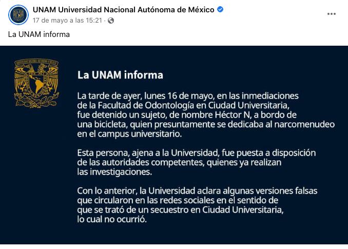 Comunicado de la UNAM sobre detención de narcomenudista